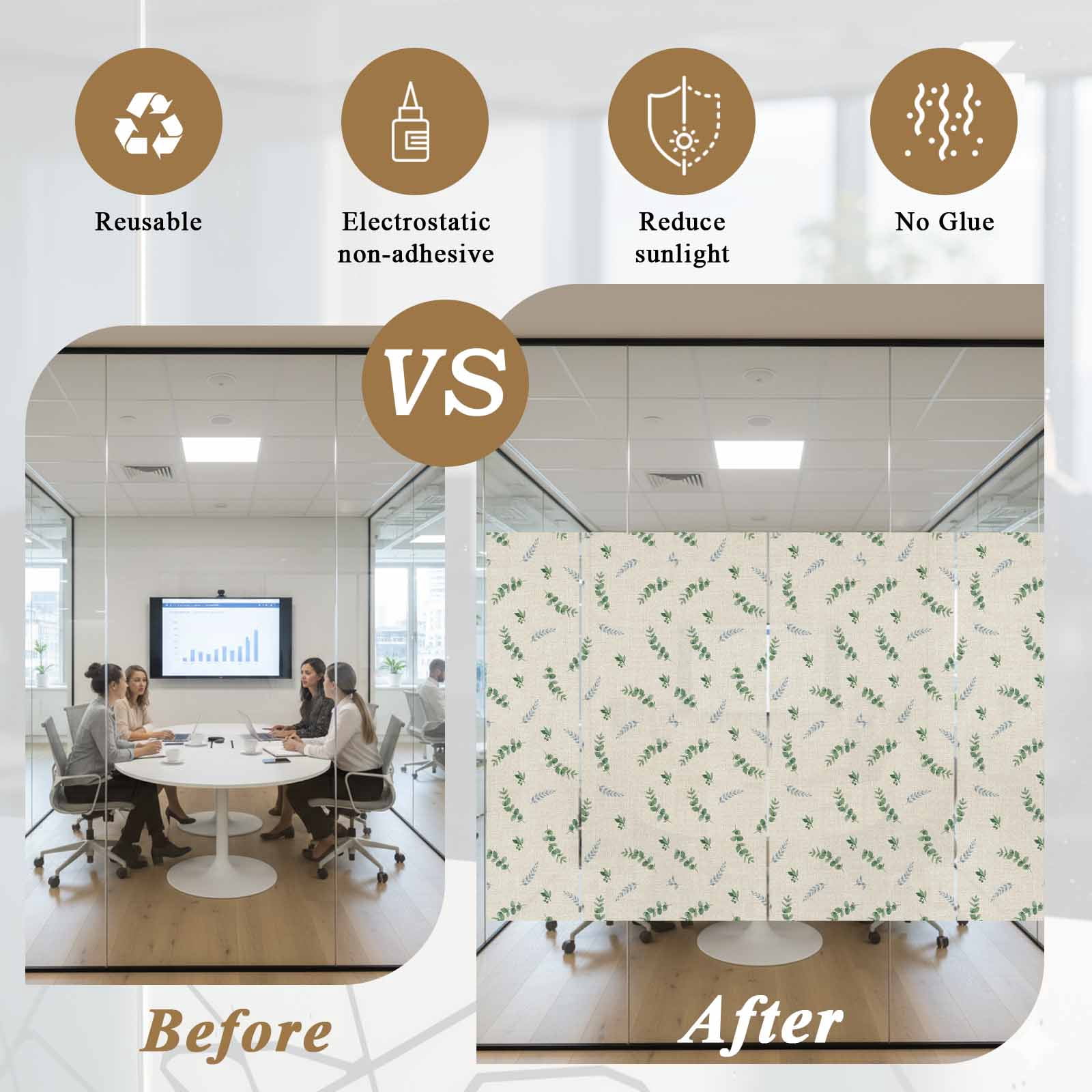 Summer Botanical Window Privacy Film, Watercolor Eucalyptus Leaves Rustic Linen Texture Frosted Glass Window Clings Static Cling UV Heat Blocking Reusable Door Sticker for Bathroom 23.6 x 59 Inch