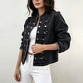 thumbnail image 7 of FDGIU Women Stand Collar Denim Jacket Long Sleeve Decorative Button Cropped Casual Jean Outerwear, 7 of 7