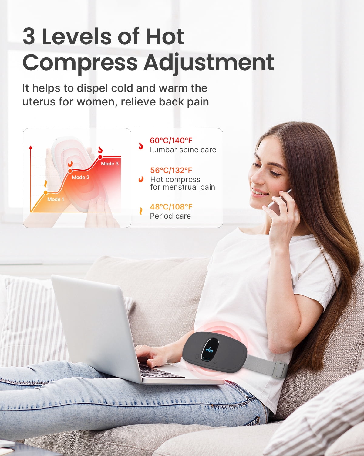 iDOO Cordless Heating Pad for Period Cramps, 3 Heat Setting, 3 Massage Modes,Birthday Mothers Day Gifts for Girlfriend Mom Wife Women, FSA HSA Eligible, Grey