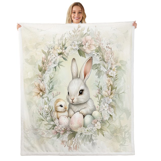 Erosebridal Happy Easter Throw Blanket for Couch 60x80,Festival Rabbit Eggs Fleece Blanket,Flower Decoration