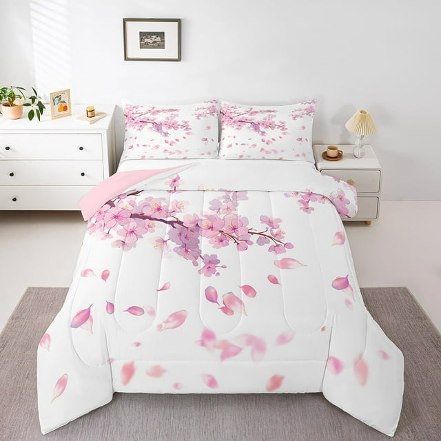 Erosebridal Pink Flower Bedding King Comforter Set,Spring Garden Comforter Sets King Size,Cherry Blossom Bedding Sets King With Comforter,Microfiber Floral Bedroom Decorative,Reversible,3 Pieces