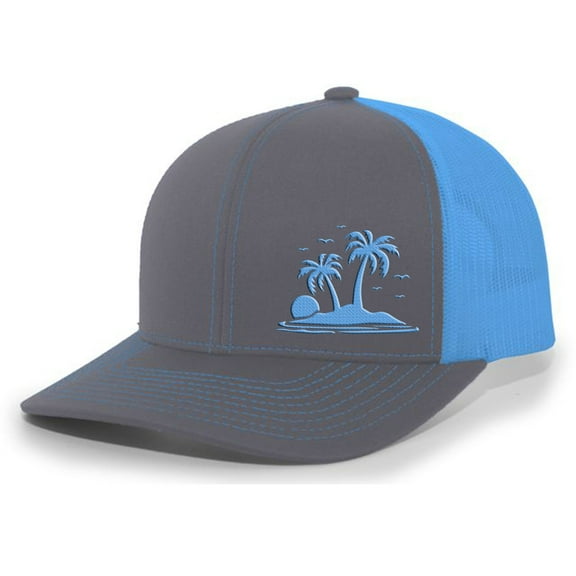 Tropical Palm Trees Beach Vacation Embroidered Mesh Back Trucker Hat, Charoal/Neon Blue