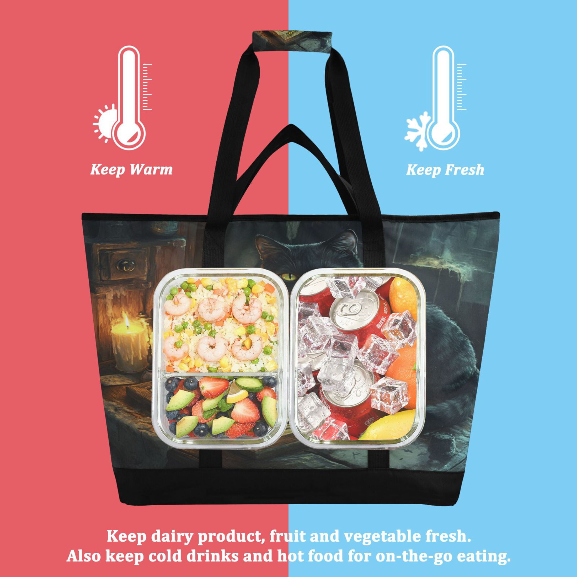 Large Hand-held Ice Pack Picnic Bag Insulation and Refrigeration Suitable for Shopping Picnics and Camping Dark Cat