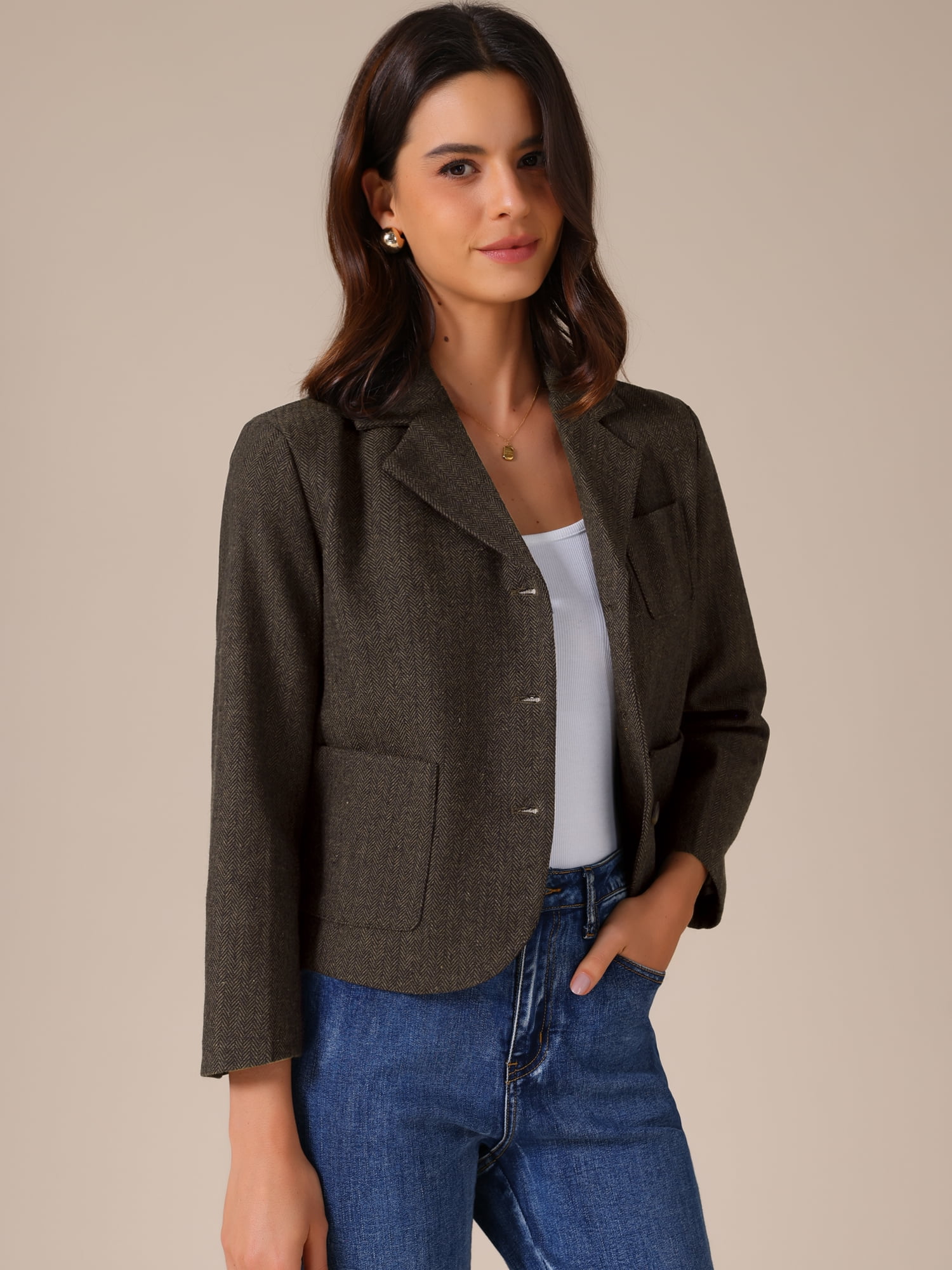 DARING DIVA Women's Bracelet Sleeve Patch Pockets Notched Lapel Blazer S Brown