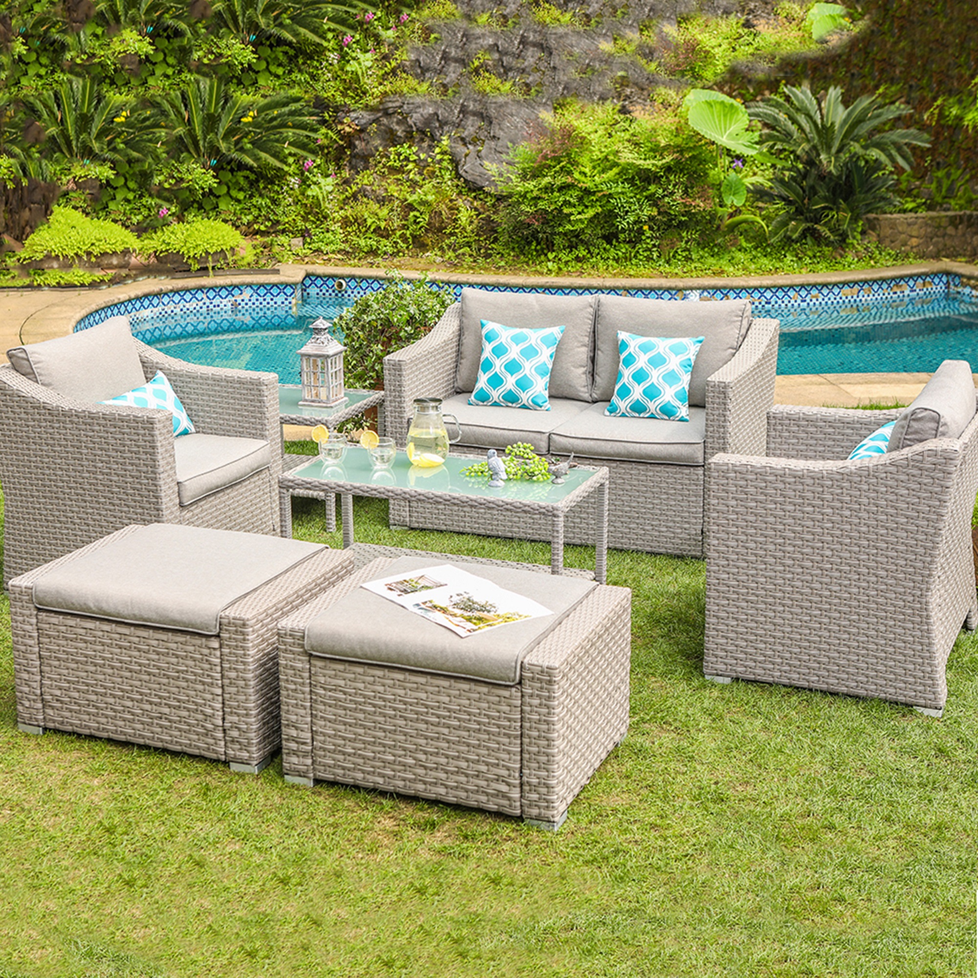 COSIEST 7Piece Patio Furniture Conversation Set Gray Wicker Sectional