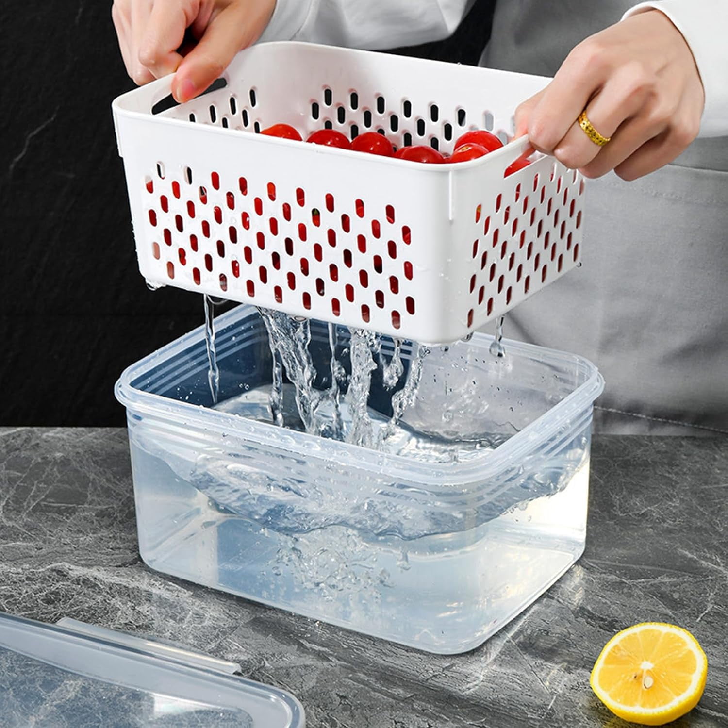 Fruit Storage Containers for Fridge, Household Transparent Food Storage Box-including Drain Basket, 4 in 1 Produce Containers,