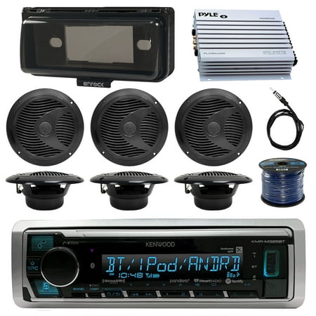 Kenwood KMRM325BT Marine Boat Audio Bluetooth USB Receiver W/ Protective Cover - Bundle Combo With 6x Black 6-1/2'' 150W Waterproof Stereo Speakers + Enrock Antenna + 400W Amplifier + 50-FT