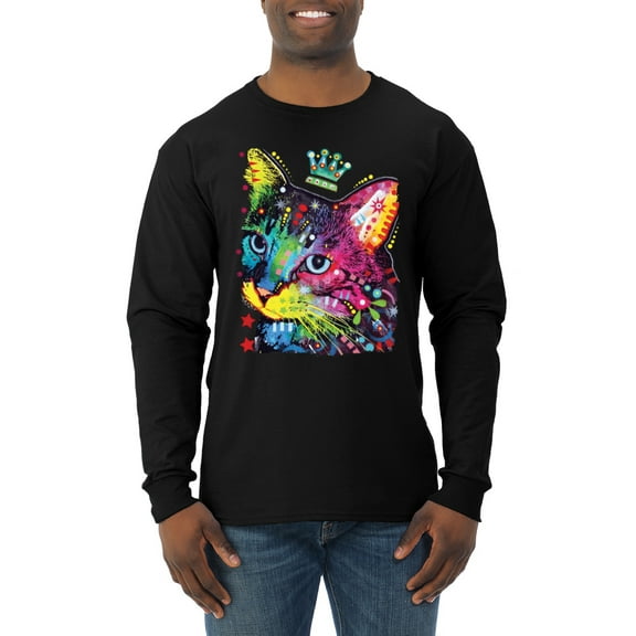 Wild Bobby Dean Russo Cat Wearing a Crown Thinking Cat Crowned Cat Lover Men Long Sleeve Shirt, Black, XX-Large