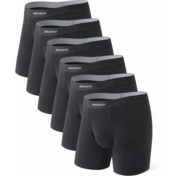 David Archy Men's Black Cotton Moisture Wicking Comfortable Soft Breathable Boxer Briefs, 6-Pack
