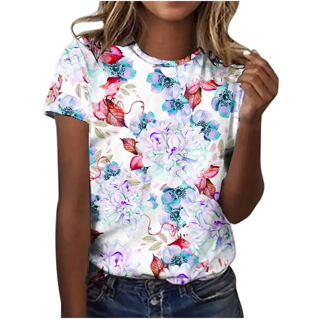 Scyoekwg T-Shirts à Manches Courtes pour Femmes Hauts pour Dames T-shirt Graphique à Imprimé Floral Blouses Amples Décontractées Confortables Col Ras du Cou T-shirt Régulier Été (Bleu,P)