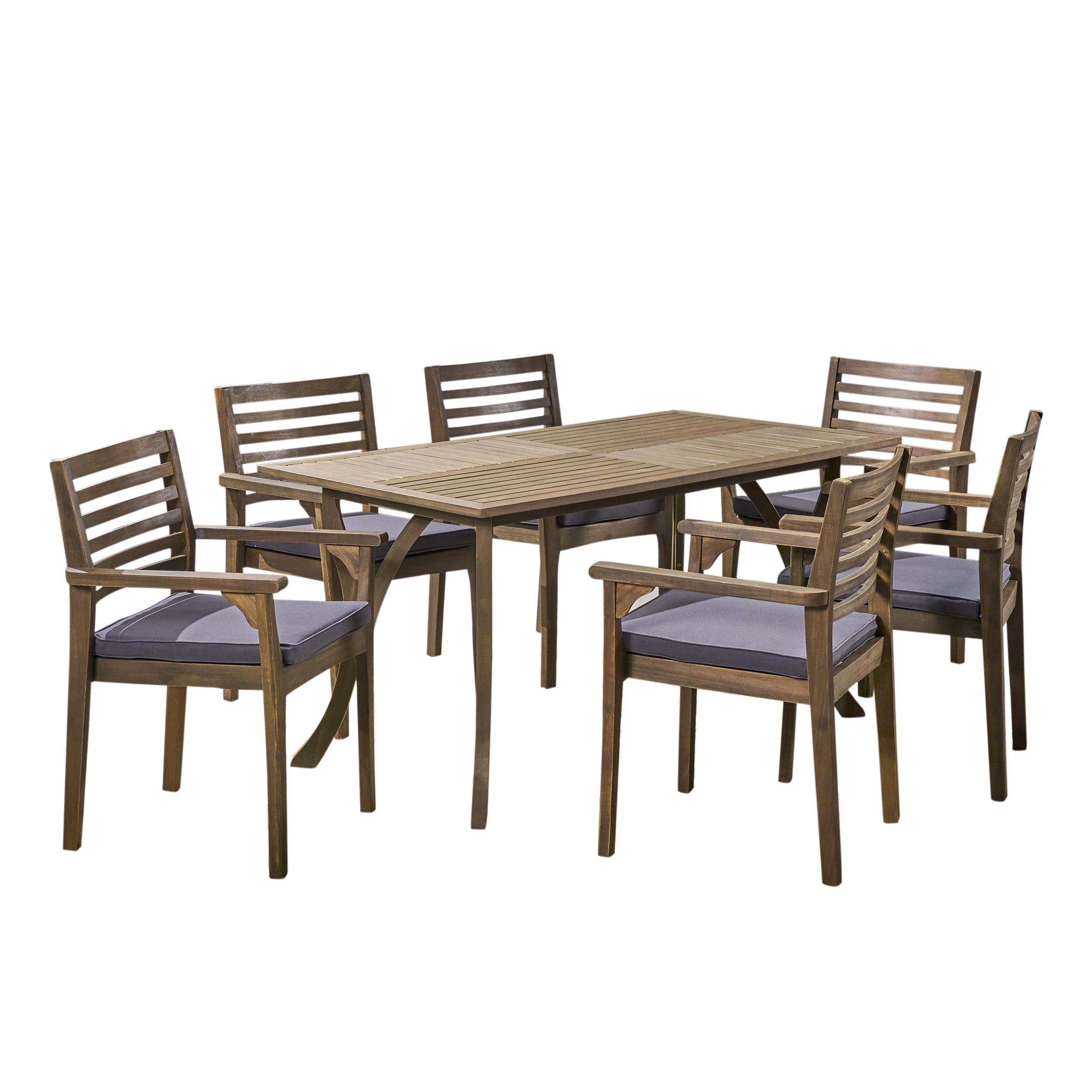 Frederic Outdoor 7 Piece Acacia Wood 59" Rectangular Dining Set with Carved Legs and Cushions, Gray, Dark Gray