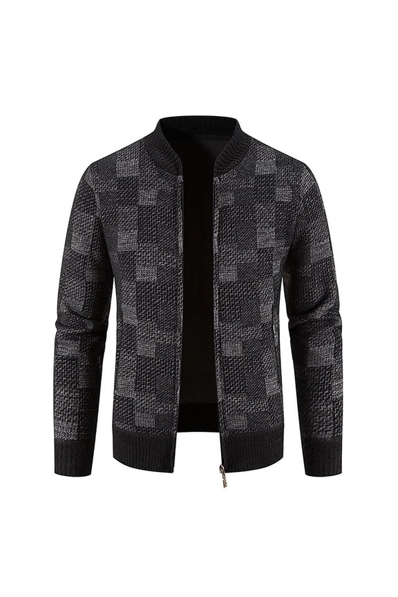 Men's Knitted Plaid Cardigan Sweater Soft Brushed Flannel Lining Jacket Thicken Full Zip Sweaters Coat for Casual or Dressy(Dark Gray,M)