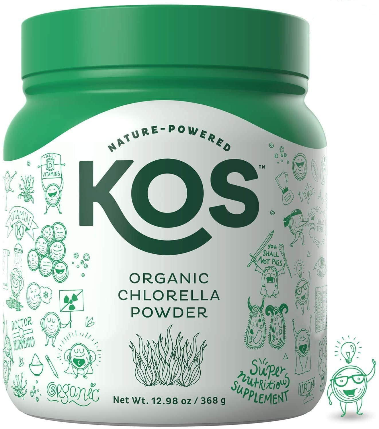 KOS Organic Chlorella Powder NonIrradiated, Neutral Tasting Chlorella Powder USDA Organic