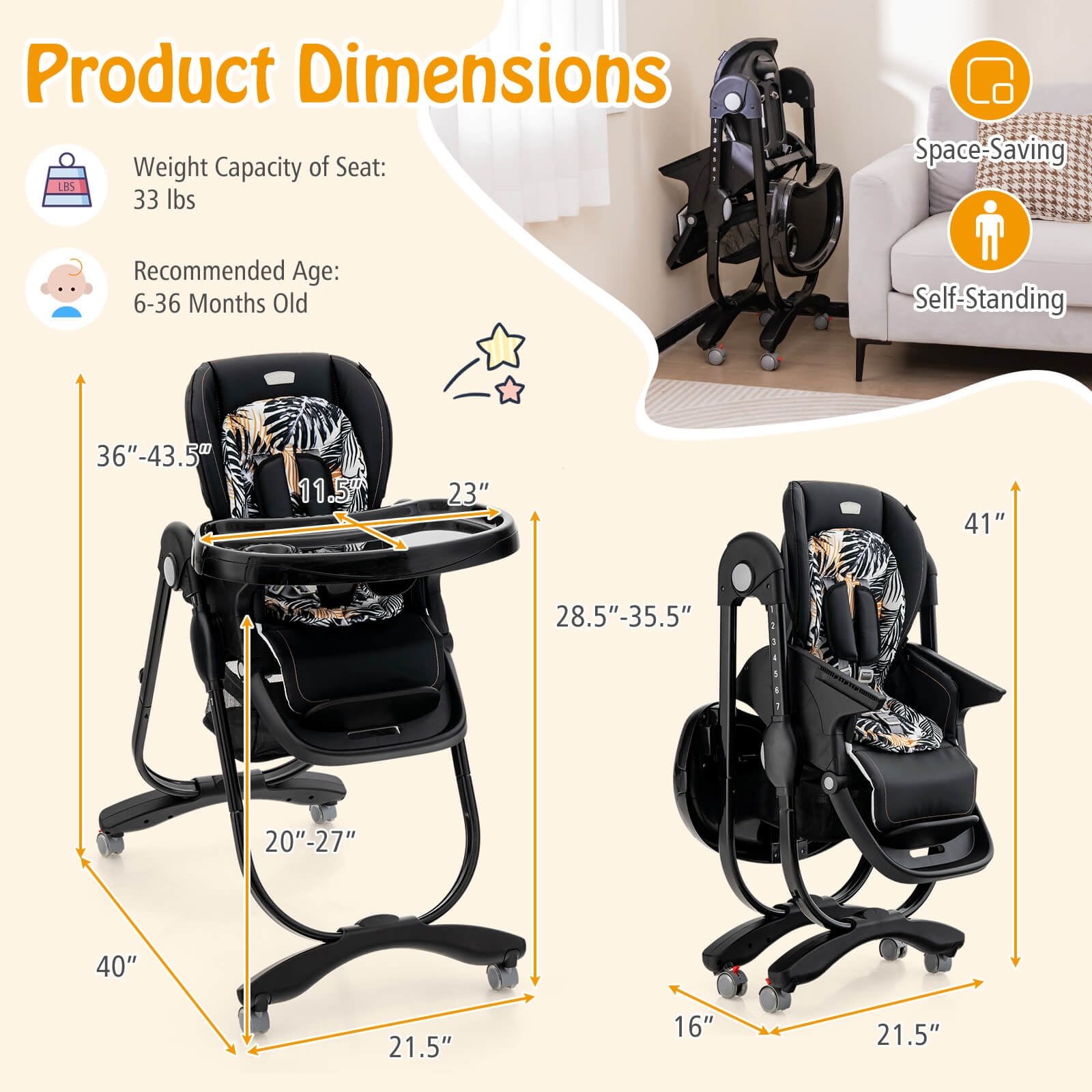 Infans High Chair for Babies & Toddlers w/ Rolling Wheels Adjustable Height Footrest