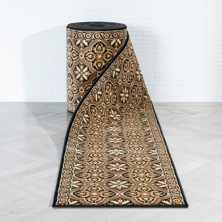 Well Woven Custom Size Runner - Choose Your Length - Silas Black Persian Quatrefoil 27 Inches Wide x 40 Feet Long Runner (27  x 40  Runner) Rug A top-quality design made for high-traffic use. This stately geometric style is woven in a neutral palette  with an intricately shaded designs that hide dirt and wear. The plush 0.5  pile of heat-set polypropylene lends class and weight. The yarn is also stain-resistant and doesn t shed or fade over time.