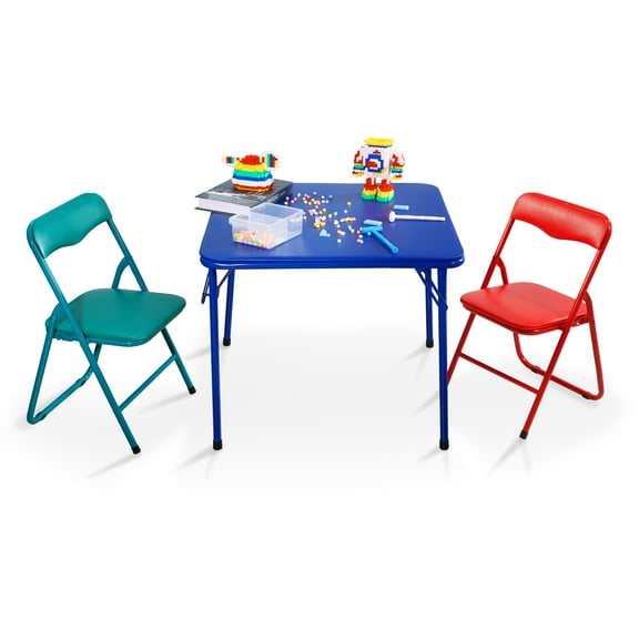 FlexWave 3-Piece Folding Table and Chair Children's Edition Set,Includes 1 Square Card Table,with Blue Padded Top and 2 Matching Folding Chairs,for Home, Game Night, Picnic, or Party