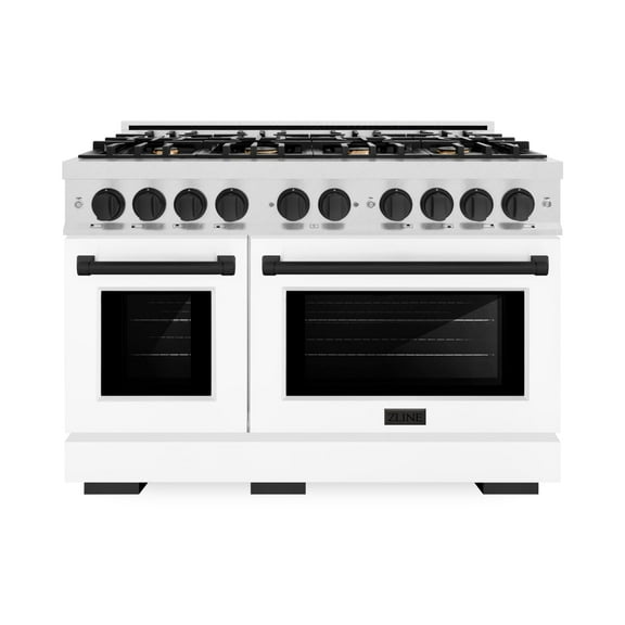 ZLINE Autograph Edition 48 in. 6.7 cu. ft. Double Oven Gas Range with 8 Burner Cooktop in Stainless Steel with White Matte Doors and Matte Black Accents (HGRZ-WM-48-MB)