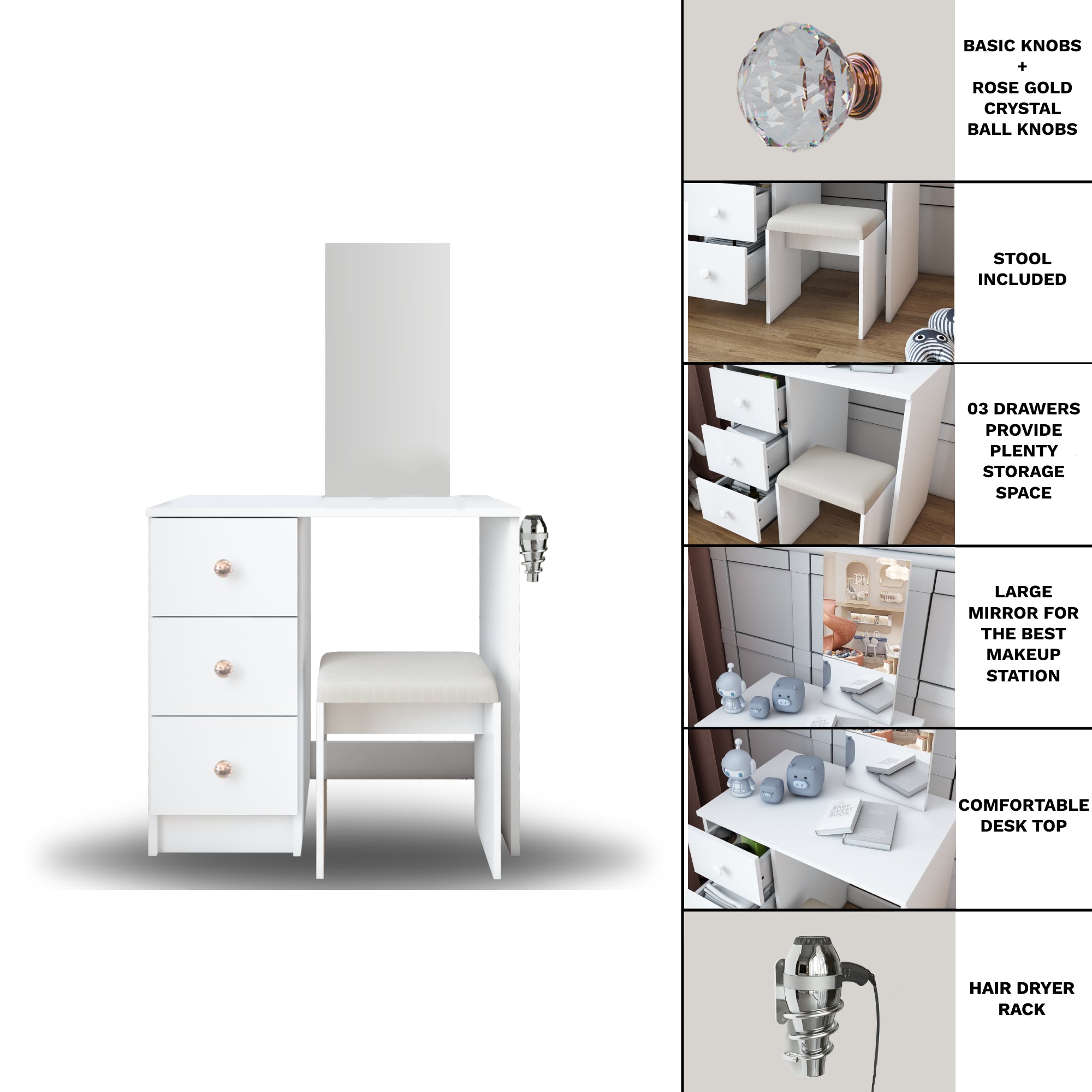 Ember Interiors Small Kids Vanity Makeup Desk Set with Chair, Mirror, Rose Gold Crystal Ball Knobs, White