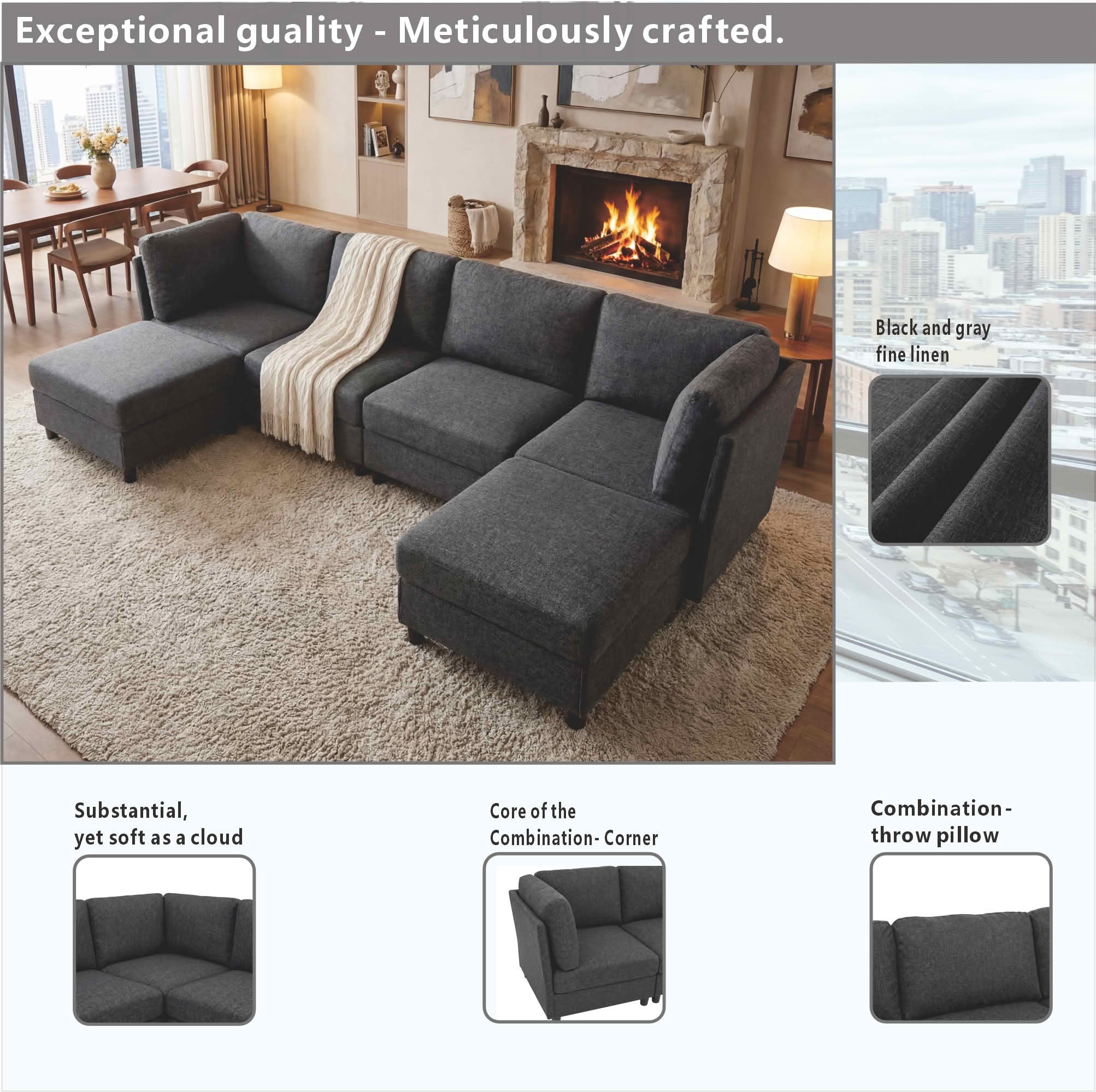 MAYEERTY 124 Inch Modular Corner Sectional Sofa, Freely Reconfigurable Modern Couch with Convertible Ottoman for Living Room