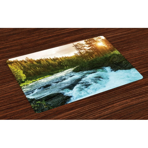 Ambesonne River Place Mats Set of 4, Sunrise Springtime Pines, Standard Size, Apple Green Pale Blue