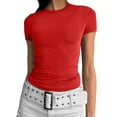 thumbnail image 4 of YDKZYMD Crop Top Shirt for Women Slim Fitted Short Sleeve Layering Tight Shirt Crew Neck Y2k Teen Girls Juniors Basic Tee Athletic Cute Summer Tops Red L, 4 of 5