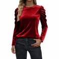 thumbnail image 6 of VISALY Women's Puff Long Sleeve Velvet Tops Base Layers Crewneck Blouses Stretchy Slimming Shirts Trendy Dressy Casual Blouses Elegant Office Shirts Fall Classy Work Holiday Party Outfit Wine S, 6 of 9