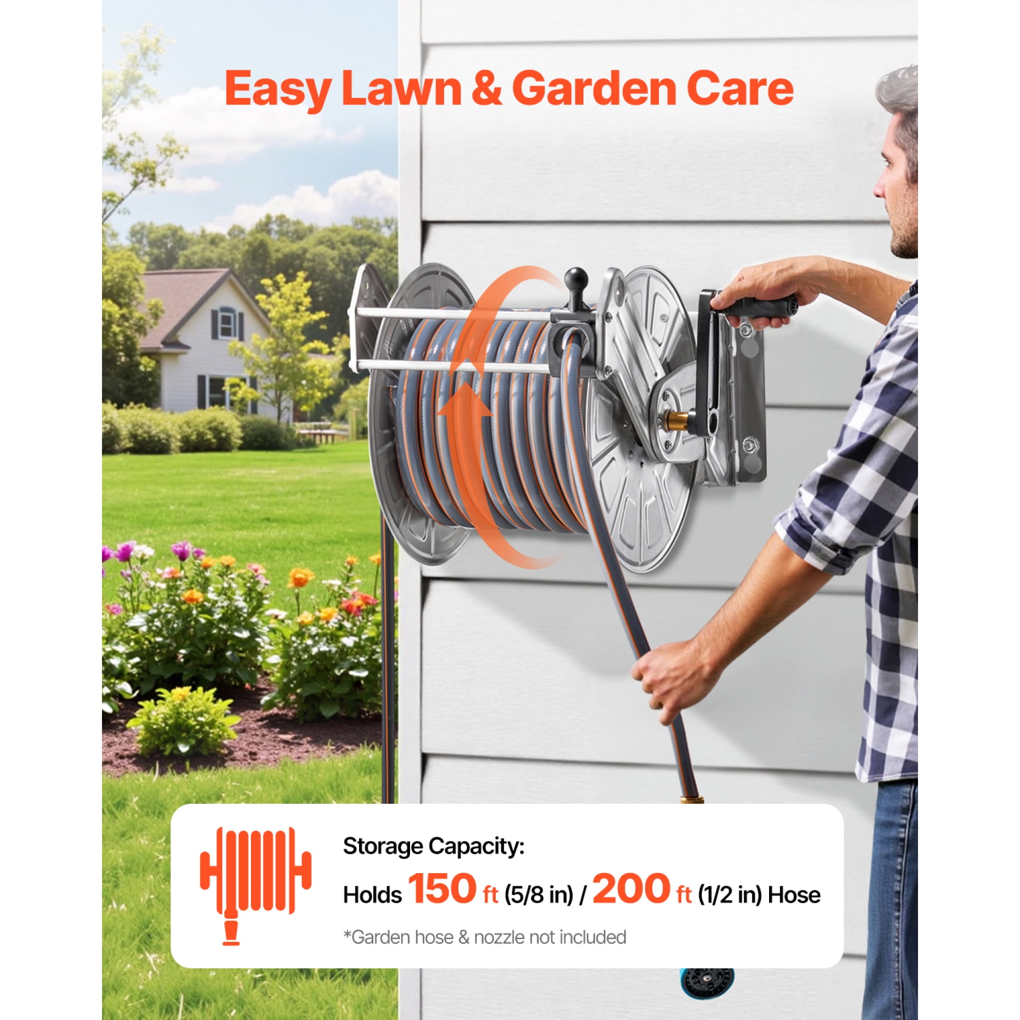 304 Stainless Steel Wall-Mount Hose Reel, Holds 150ft 5/8" Hose, Manual Crank Garden Hose Reel with Nylon Guide