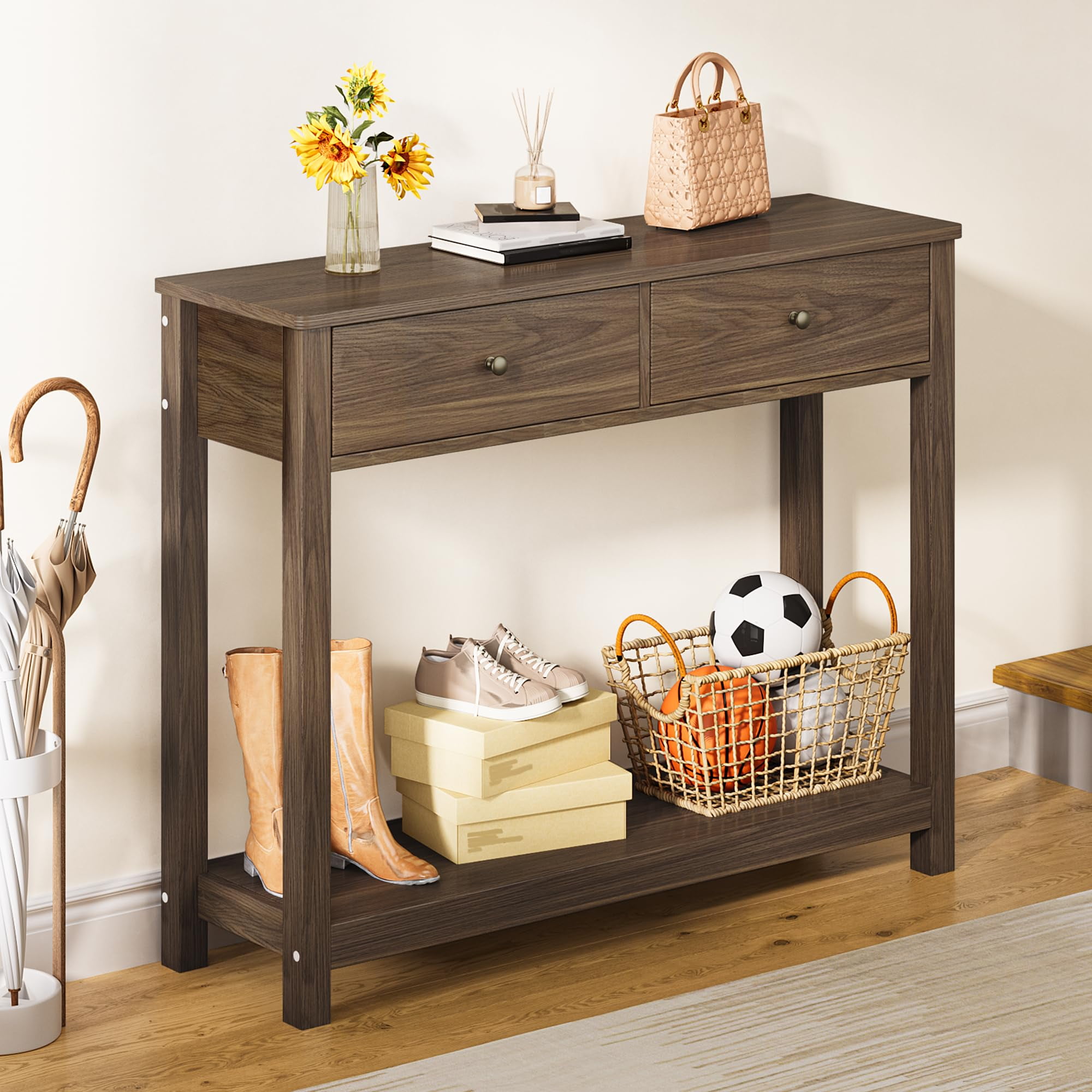 Aiho Console Table 39" with Drawers, Wood Entryway Table Hallway Table with Open Storage, Sofa Table for Living Room, Foyer and Corridor - Retro