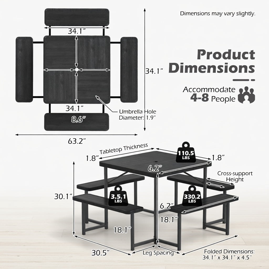 Hommoo Outdoor Square Picnic Table Set with Umbrella Hole, HDPE & Metal, Seats 4–8, Weather-Resistant Patio Dining Set, Black