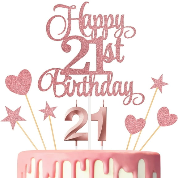 21st Birthday Cake Decorations Set, Glitter Cake Topper with Number 21 Candles, Sparkling Heart and Star Picks, Party Supplies for Women, s, 21st Birthday Party, Family Reunion, Pink
