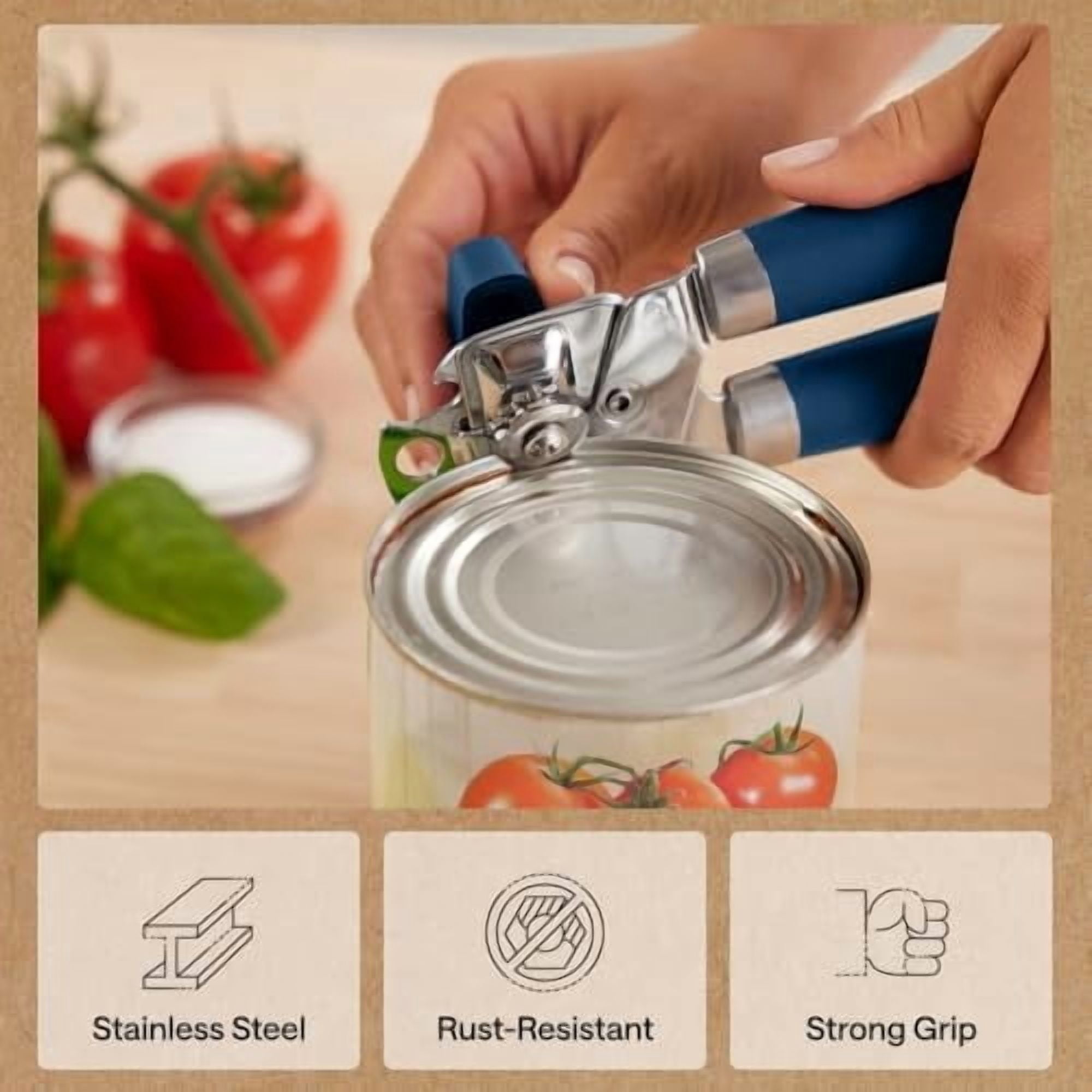 Heavy Duty Stainless Steel Smooth Edge Manual Can Opener and Bottle Openers, Soft Comfortable Handle, Oversized Handheld Turn Knob, US Designed Multifunctional Kitchen Tool, Blue