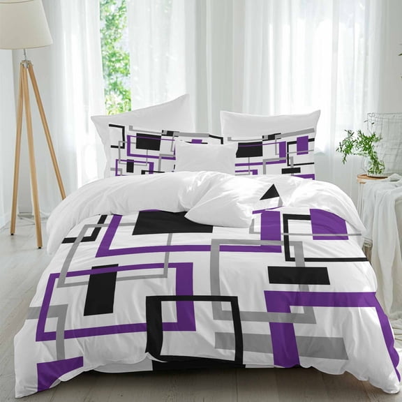 Abstract Lines Art Queen Size Comforter Set, Black Purple Geometric Square Frame Bedding for All Seasons, 4 Pcs Bed Set, 1Quiltcover (90"x92") ,1Sheet(94"x116"), 2Pillowcases (30"x20")
