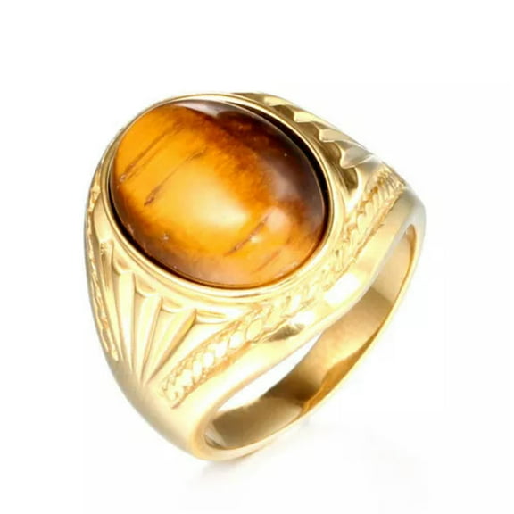 K-KED Stainless Steel Natural Oval Tiger Eye Stone Ring Men Gold & Silver Size 7-13-11-Gold