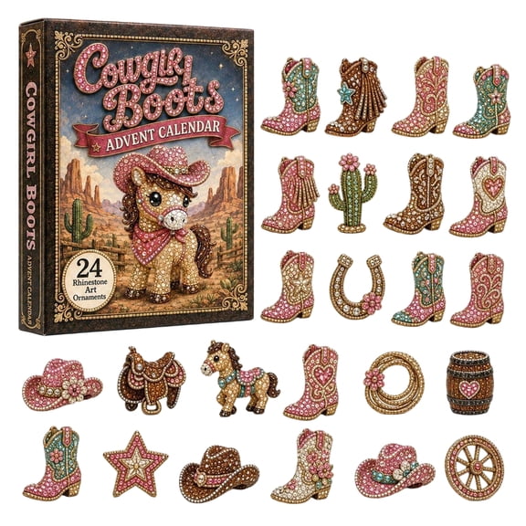 24 Day Christmas Cowgirl Boots Countdown Calendar 2026 Christmas Advent Calendar with 2D Acrylic Western style Mini Figurines for Christmas Tree Decoration Home Wall Window Door