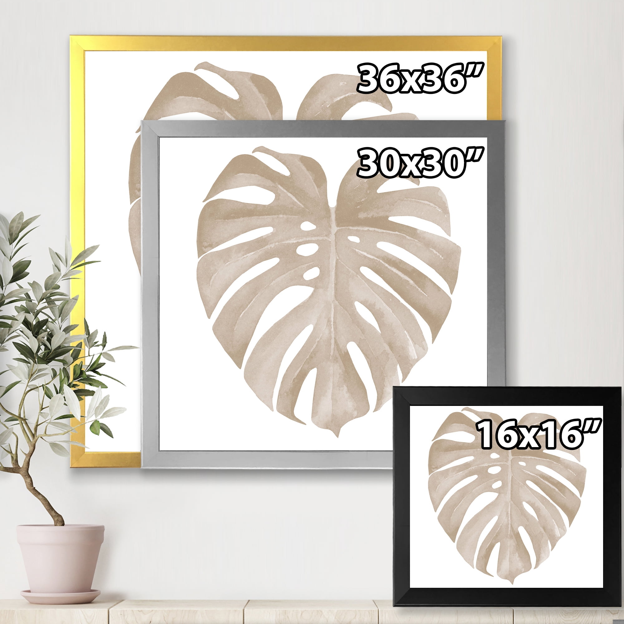 Designart 'Beige Ivory Pastel Monstera Heart Shaped Tropical Leaf' Traditional Framed Art Print