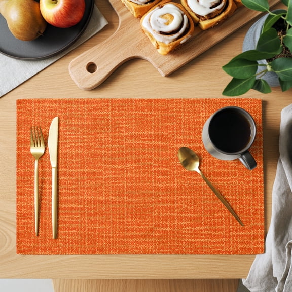 Bright Orange Placemats Set of 6, Rustic Minimalist Solid Color Woven Fabric Texture Heat Insulated Linen Place Mats, Washable Stain-Proof Table Mats for Dining Tables Holiday Decor 13x19 Inches