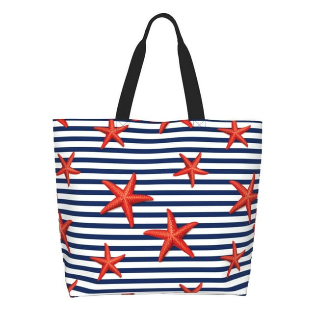 Easygdp Starfish Navy Blue Stripe Bolsas Tote para Mujer, Bolsos de Hombro para Viaje, Bolsos de Mano de Gran Capacidad para Compras y Trabajo
