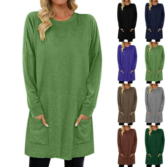 Trendsetting Women's Apparel Fashion Plus Size Women's Casual Crewneck Long Sleeve Lantern Sleeves Pullover Color WIth Pocket Tops