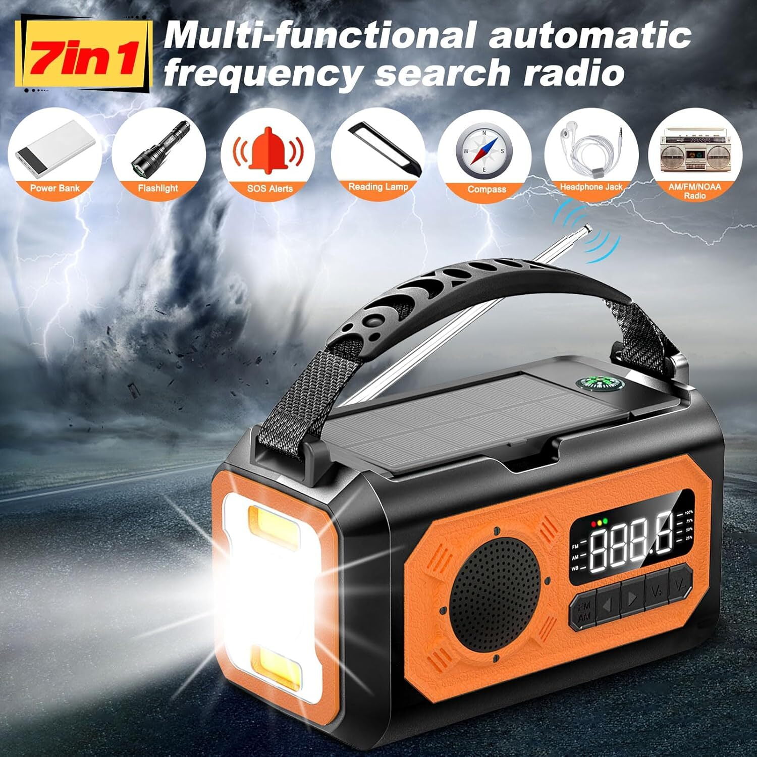 12000mAh Emergency Radio, AM/FM/NOAA Weather Alert Radio, Portable Hand Crank Radio Solar/Type-C Charging Outdoor Radio with Torch & LED Reading Lamp, SOS Alarm, Compass, Power Bank (Orange)