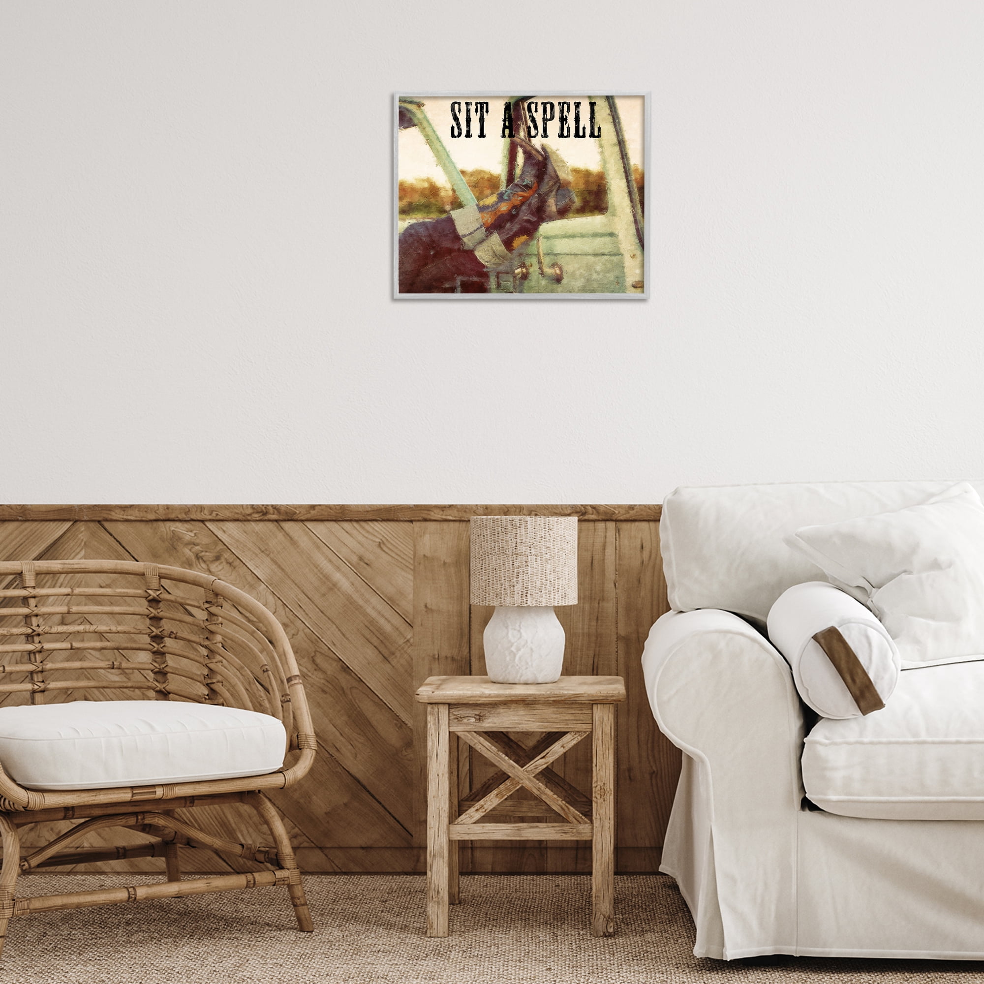 Stupell Industries Sit A Spell Cowboy Typography Painting Gray Framed Art Print Wall Art, 20 x 16