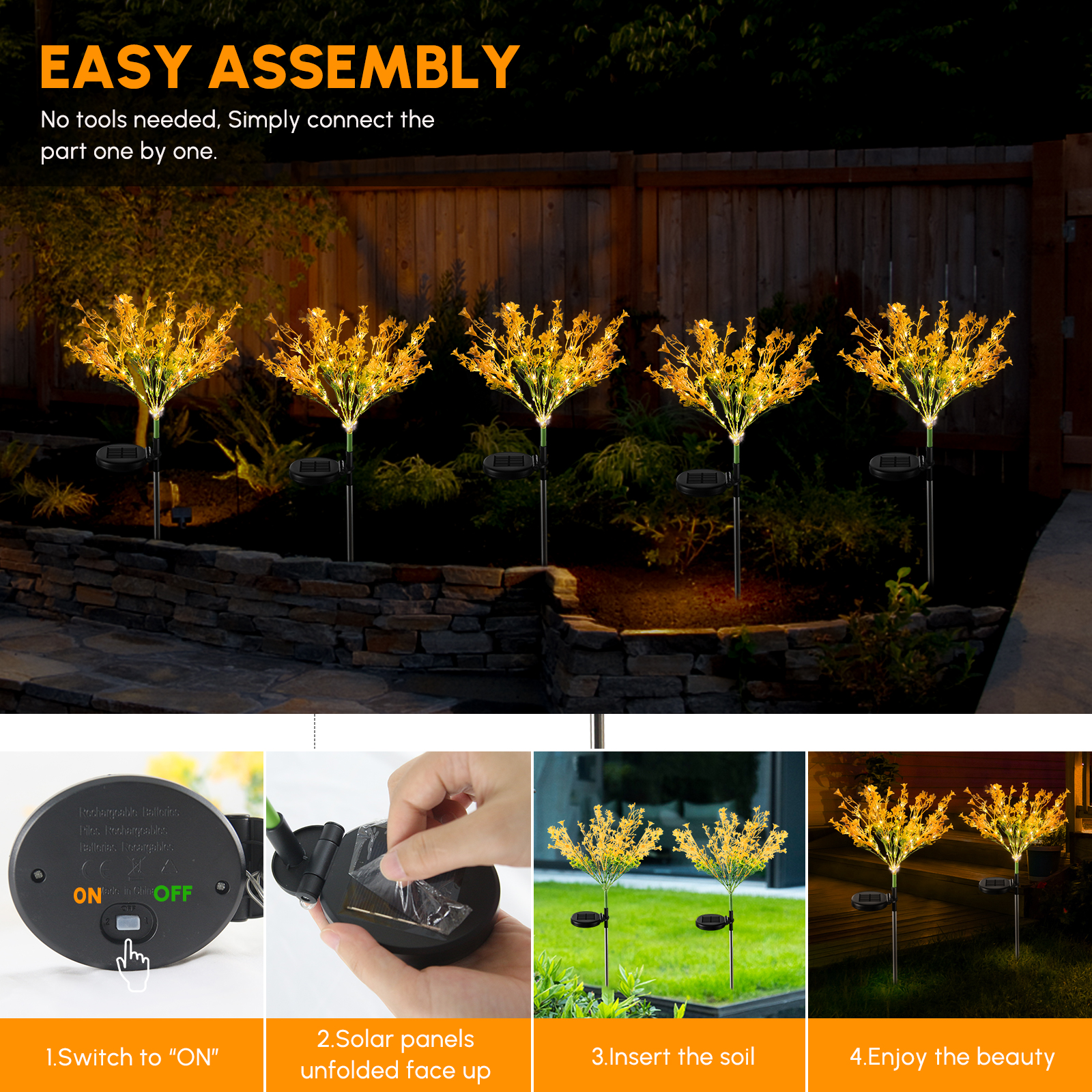 2 Pcs Solar Garden Lights for Outdoor Decorative, Solar Flowers Lights from Dusk to Dawn, Solar Garden Stake Lights Waterproof IP65, Solar Powered Flower Lights for Patio, Garden, Yard, Lawn, Pathway - image 4 of 9