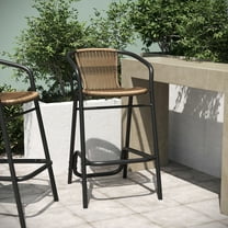 Emma   Oliver Indoor/Outdoor Stacking Thonet Bistro Style Chair with Arms, Navy & White PE Rattan Seat and Natural Bamboo Finished Metal Frame