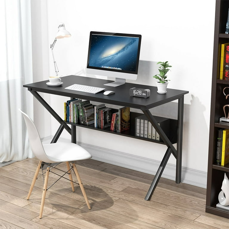 41.7 Computer Desk, Small Writing Table with Storage, K Shaped Gaming Desk Computer Table with Bookshelves for Home Office, Modern Style Student Stud