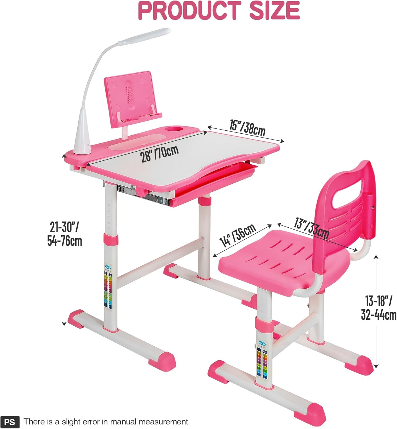 RedSwing Kids Desk and Chair Set, Height Adjustable Children Study Table Chair with Led Light, Bookstand, Portable Kids Desk with Tilted 0-60° Table Top for Girls Age 3-15,Pink