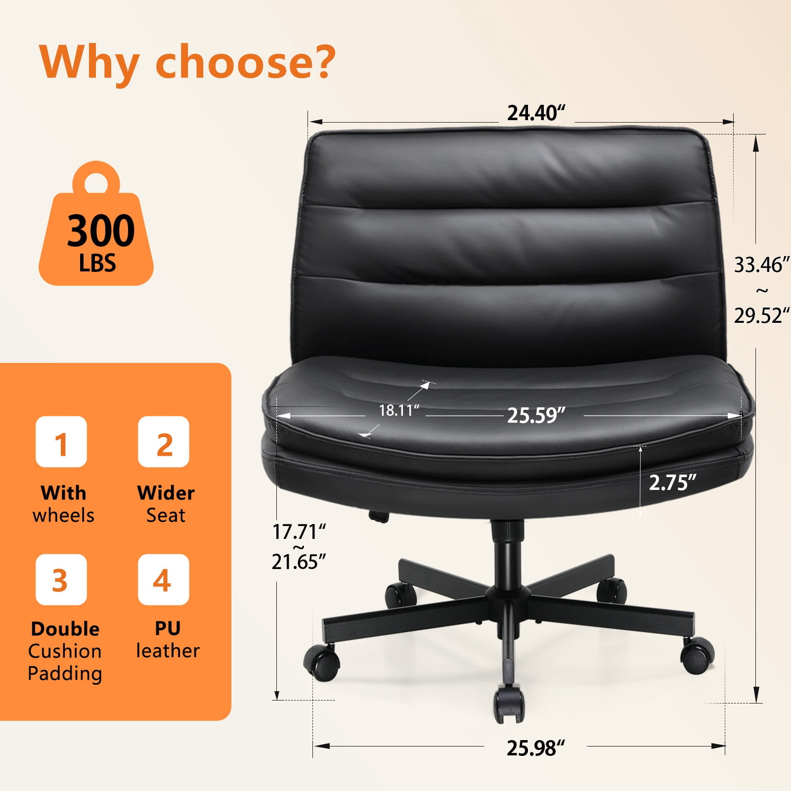 COMHOMA Armless Office Desk Chair, Criss Cross Swivel Chair with Wheels, Wide Seat Adult Vanity Chair for Home Office , Black