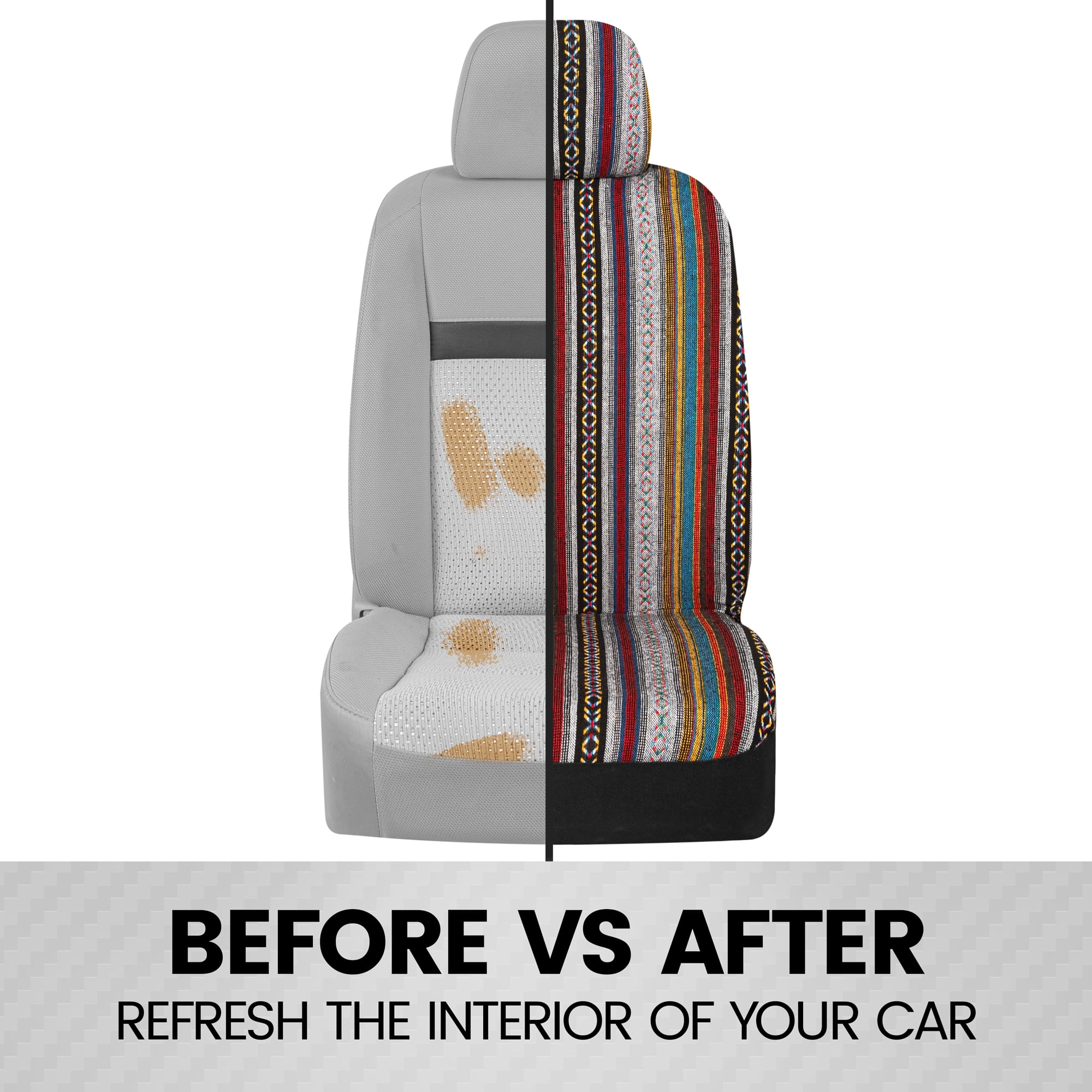 BDK Saddle Blanket Seat Covers for Cars Full Set - Striped Woven Mexican Blanket Seat Covers with Matching Headrest Covers, Multi-Color Baja Seat Covers For Truck Auto Van SUV