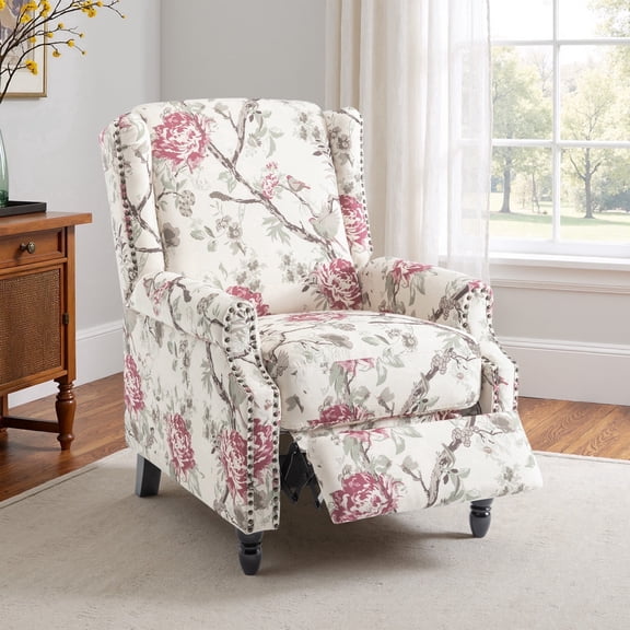 DREAMSIDEA Push Back Recliner Chair Living Room, Wingback Reclining Sofa Chair, Fabric Floral Recliner Reading Chair with Footrest for Living Room/Office/Apartment, Floral