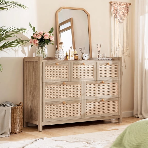 Holliwill 7 Drawer Dresser for Bedroom, Rattan Wide Chest of Drawers, Wood Dresser for Entryway, Living Room, Natural Oak