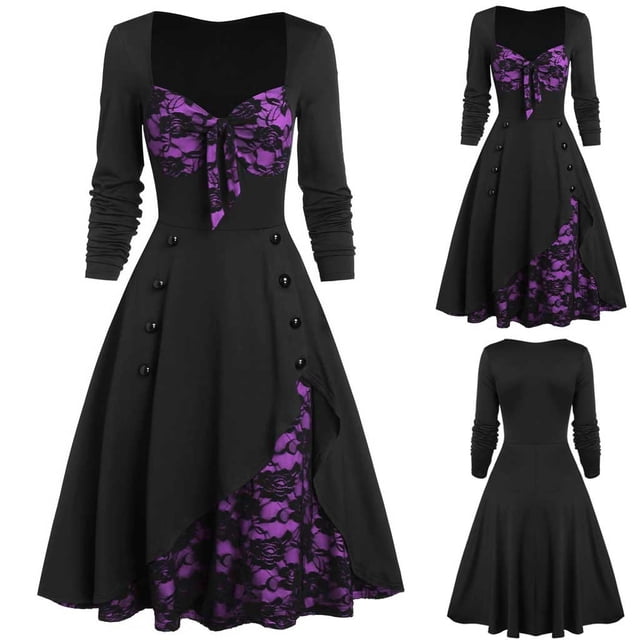 DPTALR Robe Vintage pour Femmes Grande Taille avec Insert en Dentelle Fleurie, Bouton et Nœud Papillon