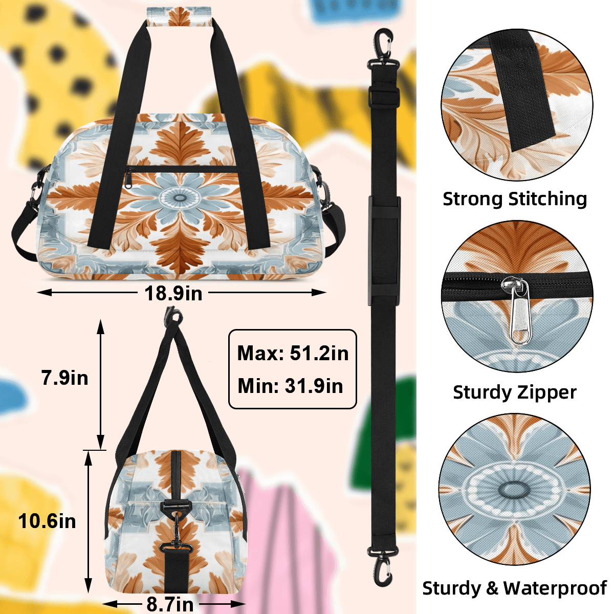 Herdesigns Retro Flower Sports Duffle Bag for Women & Men, Boho Flowers Gym Bag Dance Bag Overnight Bag Carry On Weekender Travel Bag